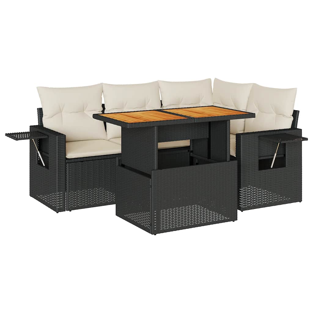 5 Piece Garden Sofa Set with Cushions Black Poly Rattan