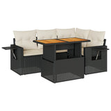 5 Piece Garden Sofa Set with Cushions Black Poly Rattan