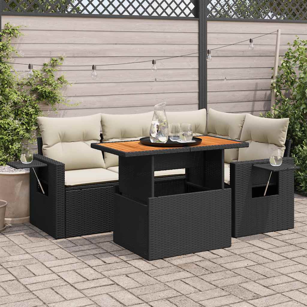 5 Piece Garden Sofa Set with Cushions Black Poly Rattan