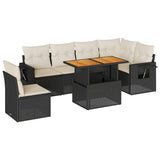 7 Piece Garden Sofa Set with Cushions Black Poly Rattan - Front View