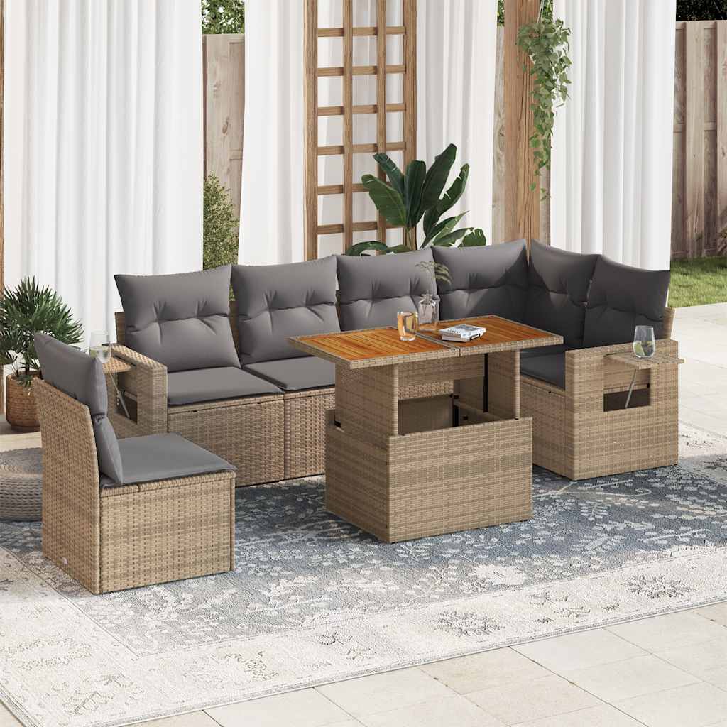 7 Piece Garden Sofa Set with Cushions Beige Poly Rattan