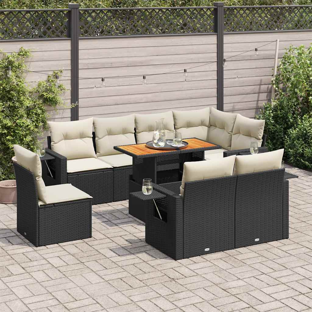 9 Piece Garden Sofa Set with Cushions Black Poly Rattan