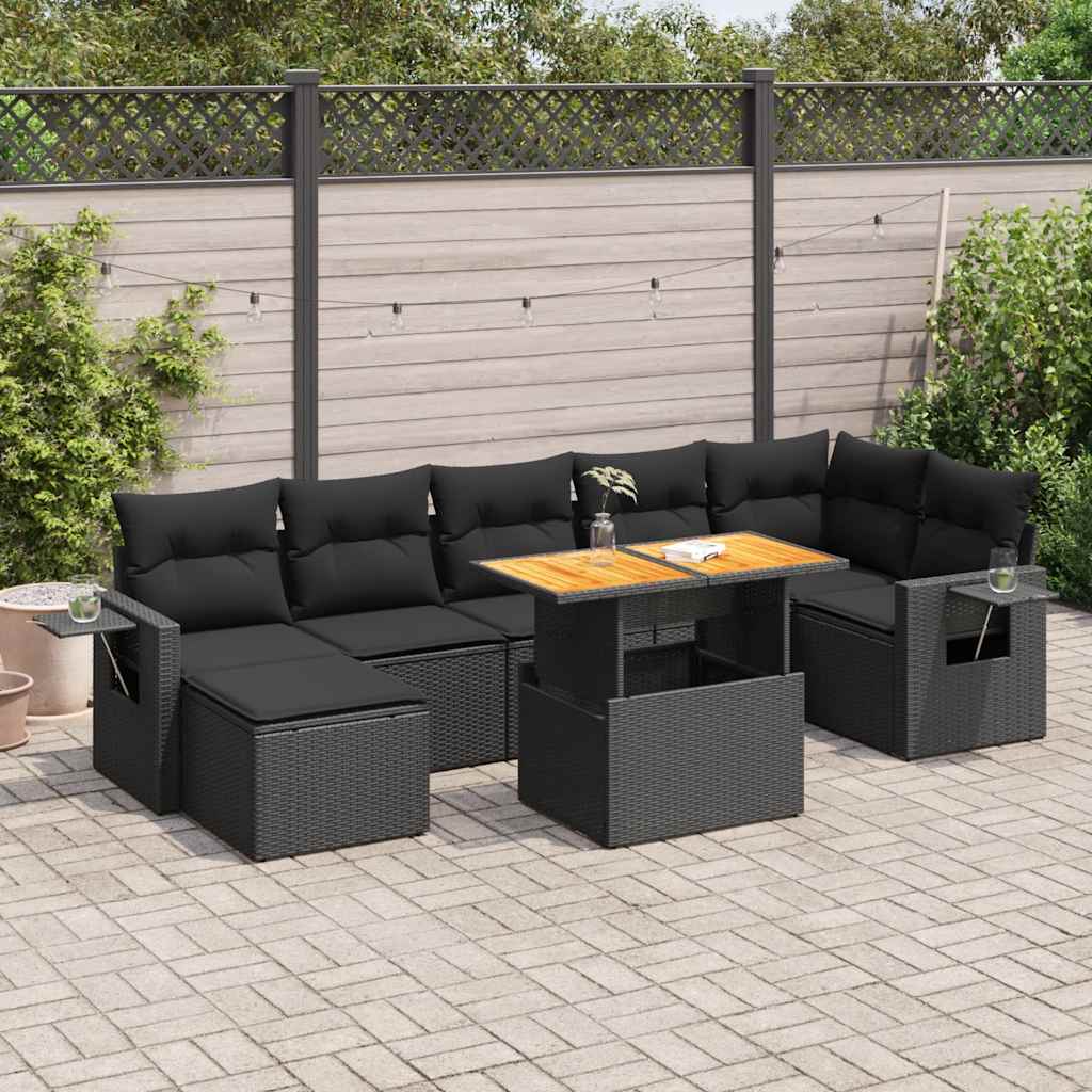 8 Piece Garden Sofa Set with Cushions Black Poly Rattan