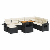 9 Piece Garden Sofa Set with Cushions Black Poly Rattan - Front View