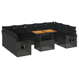 10 Piece Garden Sofa Set with Cushions Black Poly Rattan - Front View
