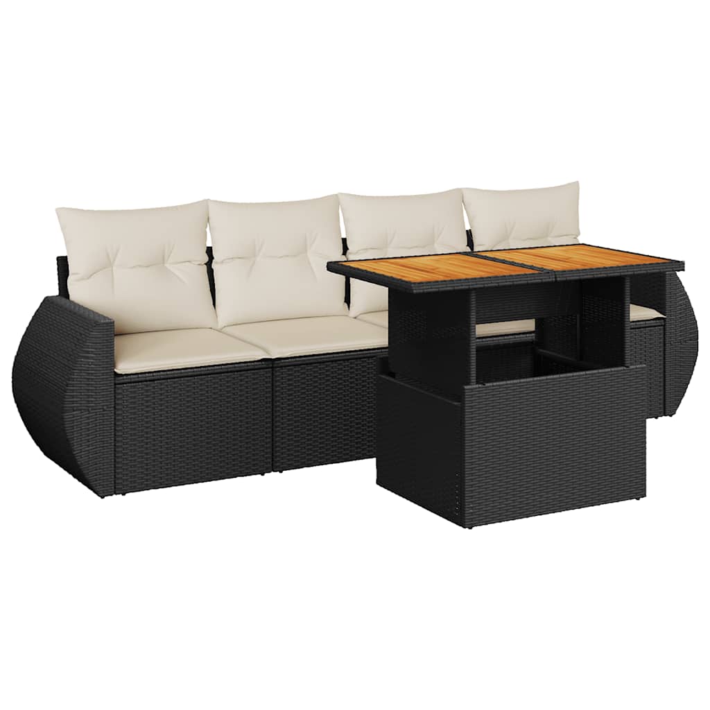 5 Piece Garden Sofa Set with Cushions Black Poly Rattan