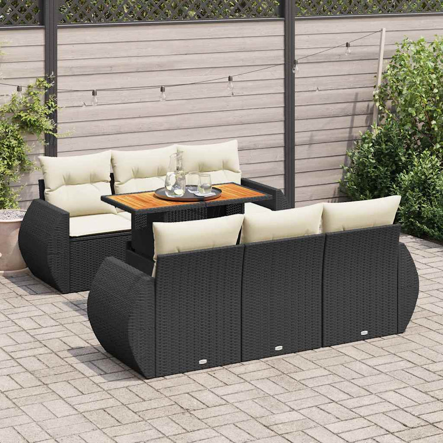 7 Piece Garden Sofa Set with Cushions Black Poly Rattan