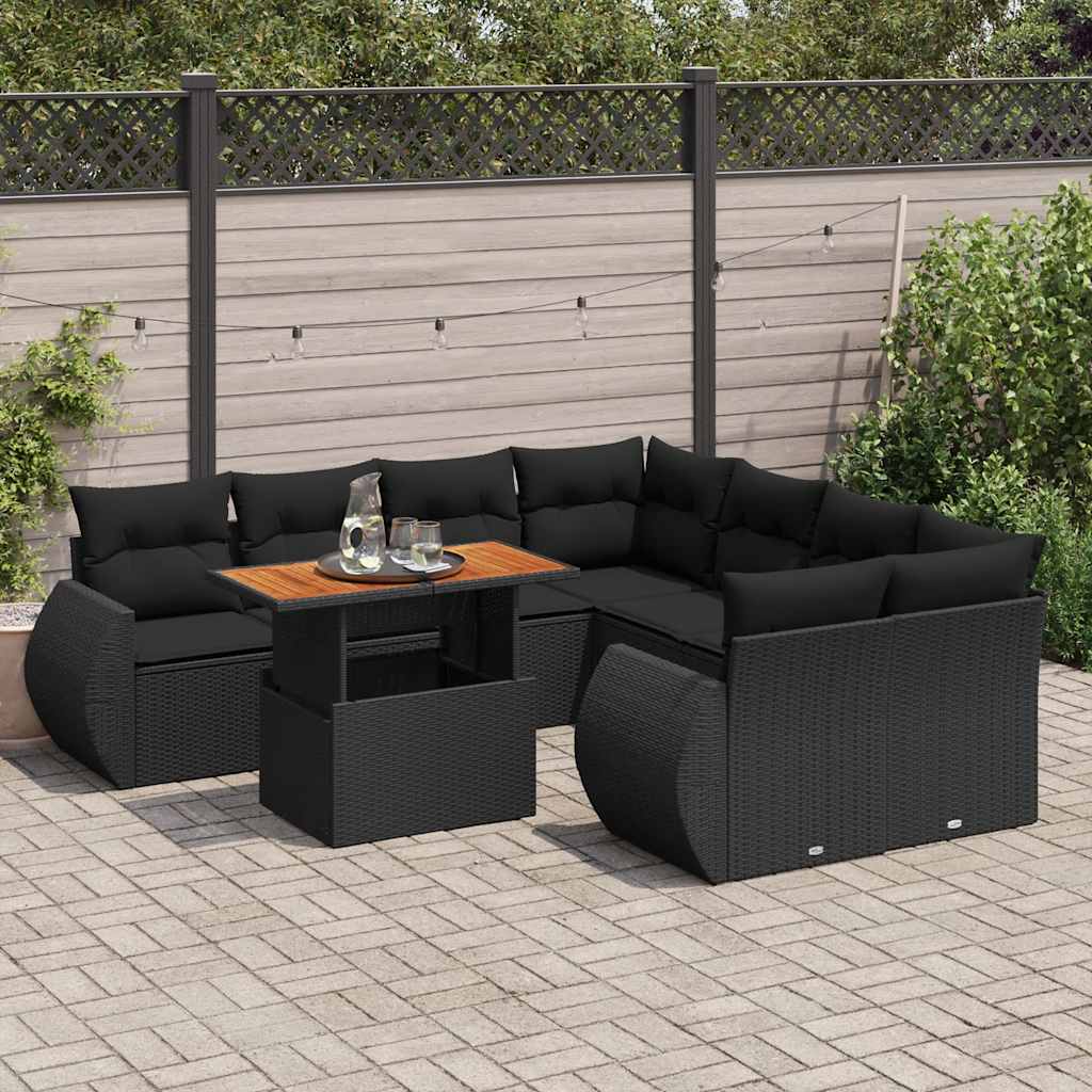 9 Piece Garden Sofa Set with Cushions Black Poly Rattan