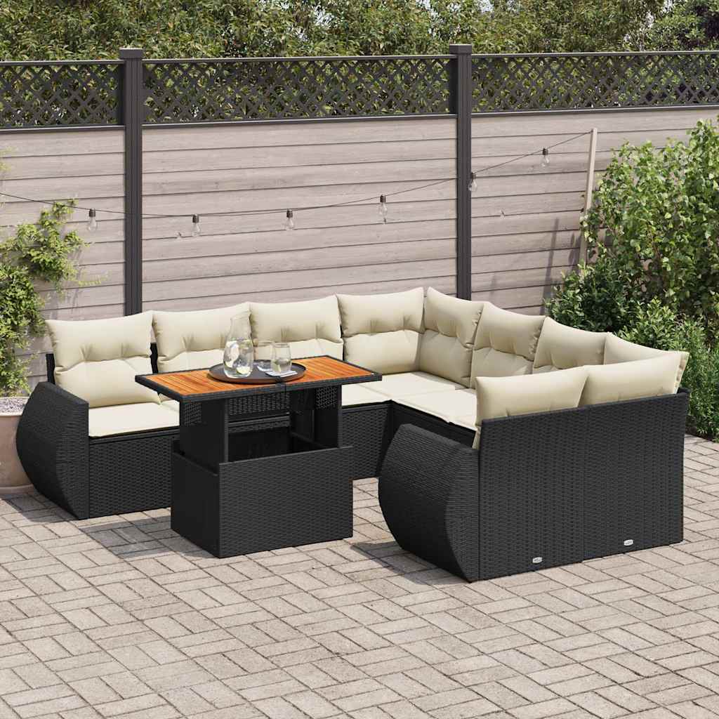 9 Piece Garden Sofa Set with Cushions Black Poly Rattan