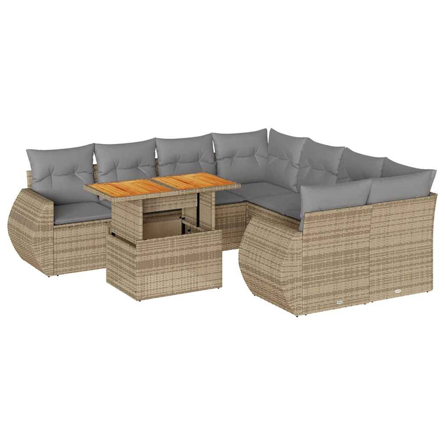9 Piece Garden Sofa Set with Cushions Beige Poly Rattan