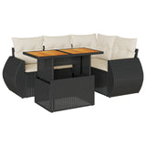 5 Piece Garden Sofa Set with Cushions Black Poly Rattan - Front View