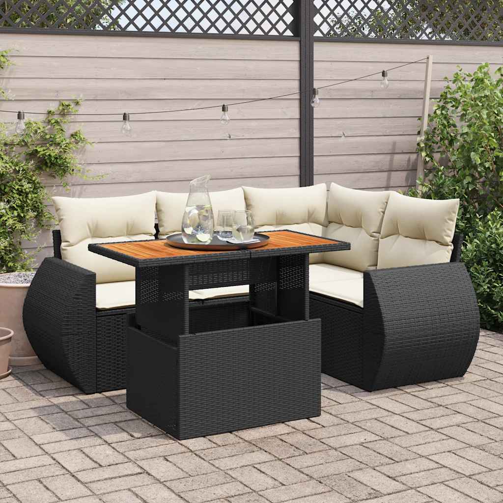 5 Piece Garden Sofa Set with Cushions Black Poly Rattan