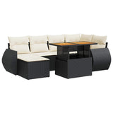 7 Piece Garden Sofa Set with Cushions Black Poly Rattan - Front View