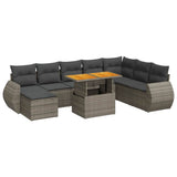 9 Piece Garden Sofa Set with Cushions Grey Poly Rattan - Front View