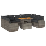10 Piece Garden Sofa Set with Cushions Grey Poly Rattan - Front View