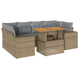 7 Piece Garden Sofa Set with Cushions Beige Poly Rattan - Front View