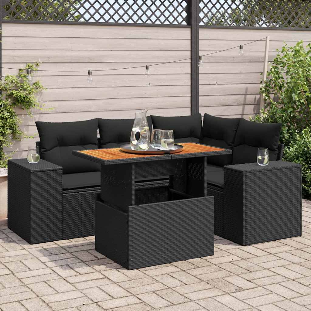 5 Piece Garden Sofa Set with Cushions Black Poly Rattan