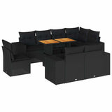 9 Piece Garden Sofa Set with Cushions Black Poly Rattan - Front View