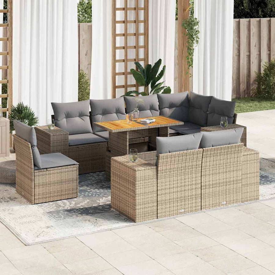 9 Piece Garden Sofa Set with Cushions Beige Poly Rattan