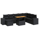 9 Piece Garden Sofa Set with Cushions Black Poly Rattan Acacia - Front View
