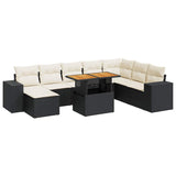 9 Piece Garden Sofa Set with Cushions Black Poly Rattan Acacia - Front View