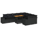 10 Piece Garden Sofa Set with Cushions Black Poly Rattan Acacia - Front View