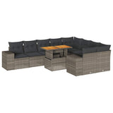 10 Piece Garden Sofa Set with Cushions Grey Poly Rattan Acacia - Front View