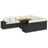 10 Piece Garden Sofa Set with Cushions Black Poly Rattan Acacia - Front View