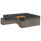 10 Piece Garden Sofa Set with Cushions Grey Poly Rattan Acacia - Front View