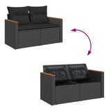 5 Piece Garden Sofa Set with Cushions Black Poly Rattan Acacia - Rear View