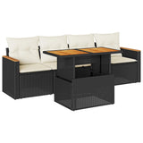 5 Piece Garden Sofa Set with Cushions Black Poly Rattan Acacia - Front View