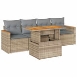 5 Piece Garden Sofa Set with Cushions Beige Poly Rattan Acacia - Front View