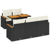 6 Piece Garden Sofa Set with Cushions Black Poly Rattan Acacia - Front View