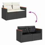 6 Piece Garden Sofa Set with Cushions Black Poly Rattan Acacia - Close-Up Angle