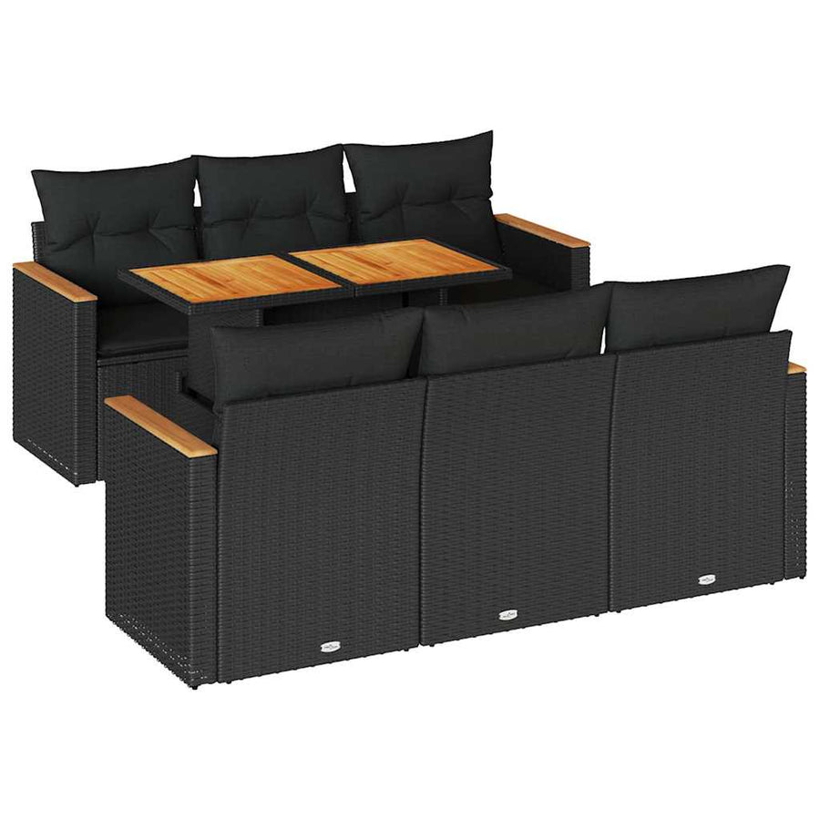 7 Piece Garden Sofa Set with Cushions Black Poly Rattan Acacia