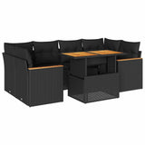 6 Piece Garden Sofa Set with Cushions Black Poly Rattan Acacia - Front View