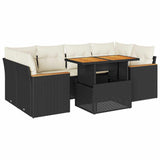 6 Piece Garden Sofa Set with Cushions Black Poly Rattan Acacia - Front View
