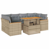 6 Piece Garden Sofa Set with Cushions Beige Poly Rattan Acacia - Front View