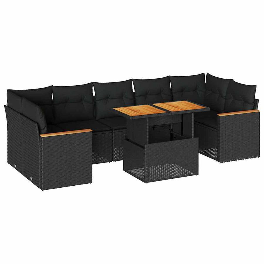 7 Piece Garden Sofa Set with Cushions Black Poly Rattan Acacia