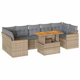 7 Piece Garden Sofa Set with Cushions Beige Poly Rattan Acacia - Front View