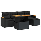 6 Piece Garden Sofa Set with Cushions Black Poly Rattan Acacia - Front View