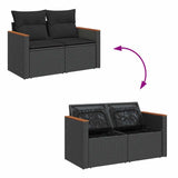 6 Piece Garden Sofa Set with Cushions Black Poly Rattan Acacia - Low Angle