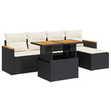 6 Piece Garden Sofa Set with Cushions Black Poly Rattan Acacia - Front View