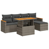 6 Piece Garden Sofa Set with Cushions Grey Poly Rattan Acacia - Front View