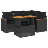 5 Piece Garden Sofa Set with Cushions Black Poly Rattan Acacia - Front View