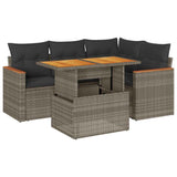 5 Piece Garden Sofa Set with Cushions Grey Poly Rattan Acacia - Front View