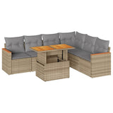 7 Piece Garden Sofa Set with Cushions Beige Poly Rattan Acacia - Front View