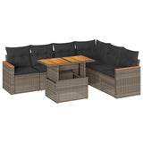 7 Piece Garden Sofa Set with Cushions Grey Poly Rattan Acacia - Front View