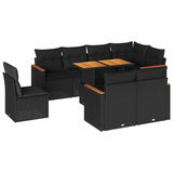9 Piece Garden Sofa Set with Cushions Black Poly Rattan Acacia - Front View