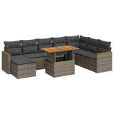 9 Piece Garden Sofa Set with Cushions Grey Poly Rattan Acacia - Front View